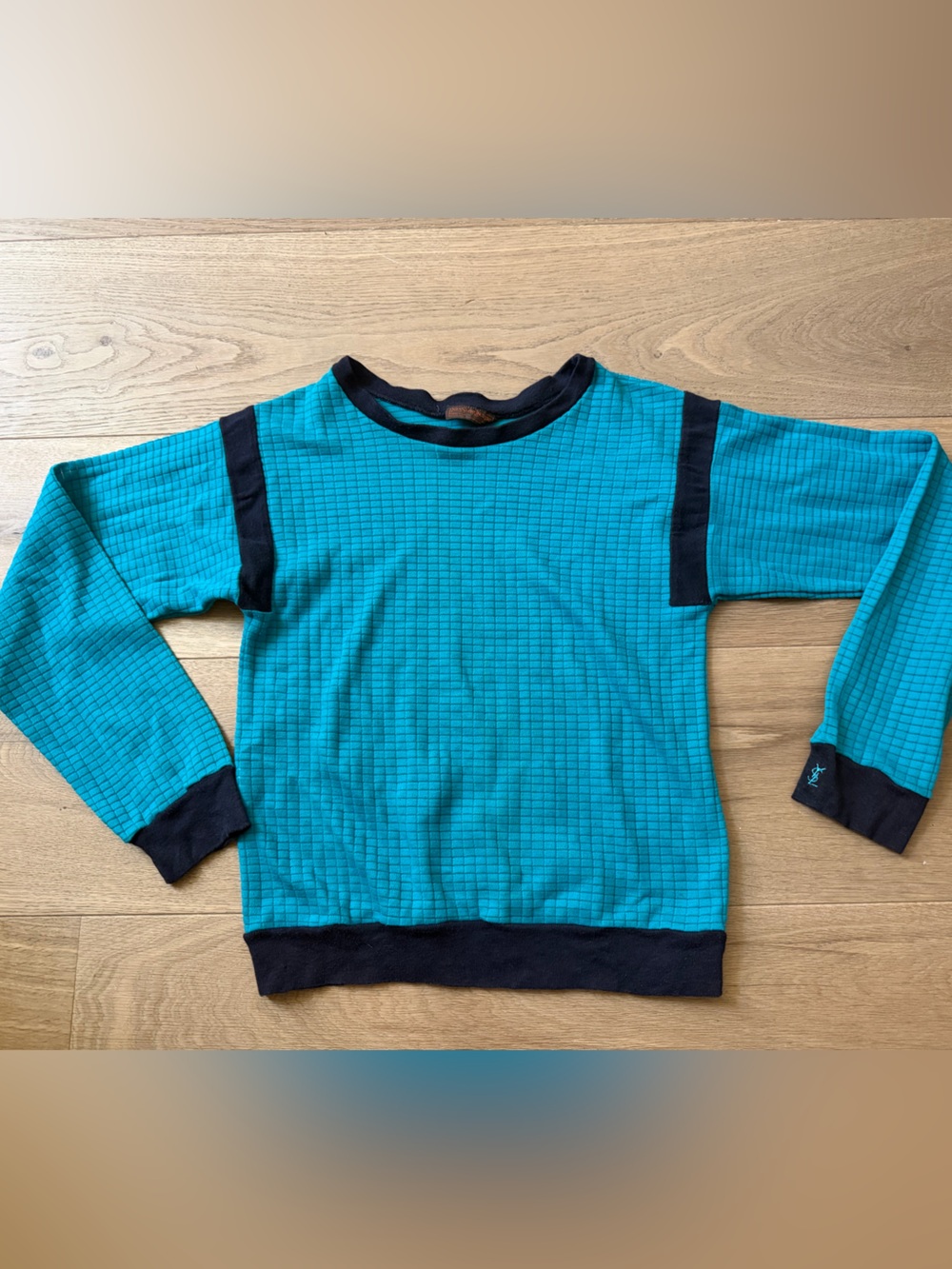 Yves Saint Laurent Teal Grid Long Sleeve Top Sweater/ Sweatshirt with Black Trim